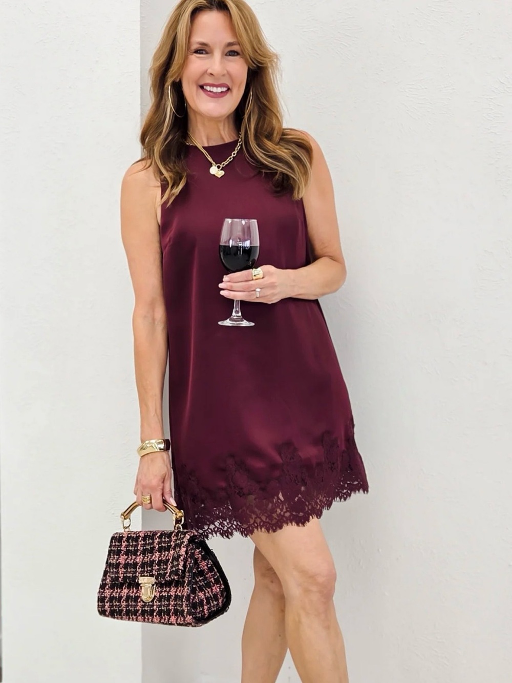 Lace-Hem Sleeveless Mini Dress in Burgundy